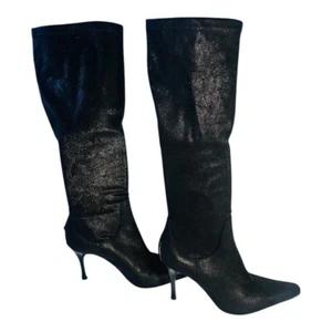 Donald J Pliner Black Sz 9.5 Suede Knee Tall Boot Kitten Heel Point Toe Stretch - Picture 1 of 6