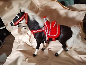 HANDMADE FUR COVERED HORSE WITH RED CLOTH SADDLE - Picture 1 of 18