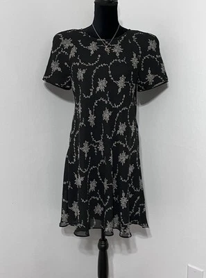 Vtg 90s Liz Claiborne Floral Black Dress Sz 12 Sheer Whimsigoth Grunge Short - Image 1 of 4