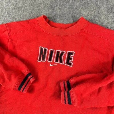 Vintage Nike Red Crewneck Sweatshirt Logo Kids Large 7YR Center Swoosh Spell Out - Image 1 of 4