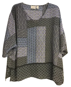 Blusa túnica Chicos 3 XL retazos transparente popover azul negro barroco manga corta - Imagen 1 de 11