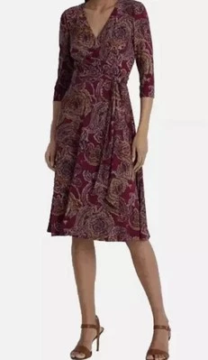 Lauren Ralph Lauren Paisley Jersey Dress Burgundy Red Surplice NWT Size 2 (058) - Image 1 of 3
