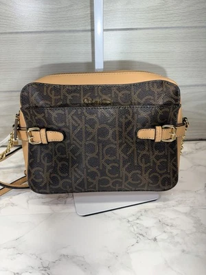 Small Calvin Klein Signature Monogram Crossbody, Brown & Tan With Gold Accents - Image 1 of 4
