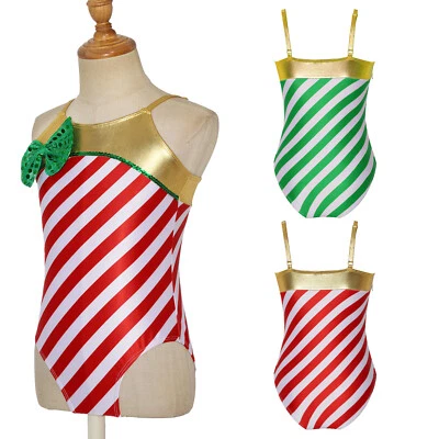 Kids Girls Dancing Bodysuit Gymnastics Leotard Festival Christmas Costume Elf - Image 1 of 3