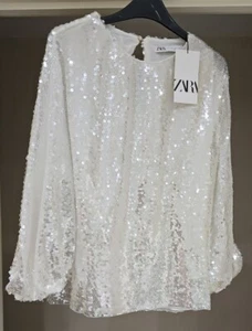 Zara Sequinned Blouse,Zara Silver Sequin Top long sleeves Sequin Top trinny Top - Picture 1 of 7