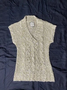 NY At Last beige sweater cable knit short sleeve V-Neck women's Sz: Large - Picture 1 of 5