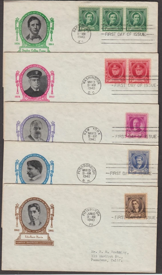 1940 Famous Americans Sc 879-883-1A Composers, Ioor cachets, matched set of 5 - Image 1 of 1