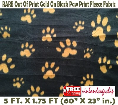 Paw Print Gold on Black Out-Of-Print RARE Fleece Fabric 5 FT X 1.9 FT PLUS - Image 1 of 3