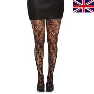 Womens Skull Roses Black Lace Fishnet Tights Gothic Goth Pattern Fashion UK 6-16 - Picture 1 of 9