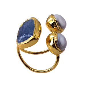 Natural Gemstone Brass White Pearl Blue Kyanite Finger Rings Adjustable - Picture 1 of 6