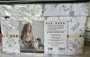 RAE DUNN Halloween Queen Size Sheet Set Spooky Skeletons Black Cats NEW!! - Picture 1 of 4
