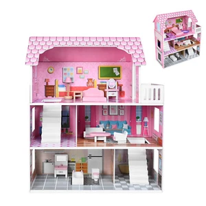 Kinder Puppenhaus aus Holz Puppenstube Dollhouse 3 Etagen mit Möbeln Spiel Rosa - Bild 1 von 7