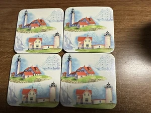 New in package Square Coasters NEW Set of 4 Light House Sailing Ships Cork back - Bild 1 von 4