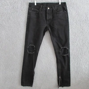 MNML Jeans Herren 32 schwarz schmal abgenutzt Knielöcher Knopfleiste Denim Knöchelreißverschluss - Bild 1 von 15