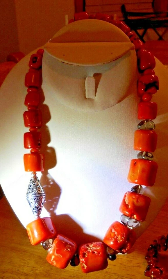 Collar Bali Coral Med Rojo Barse Macizo Raro Plata de Ley 21-23" 9.40z 264g Foto 1 de 4
