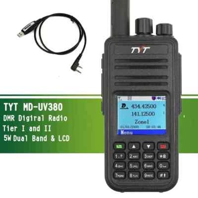 TYT MD-UV380 DMR 5 watts Dual Brand 136-174 &400-480mhz Walkie Talkie + Cable - Image 1 of 4