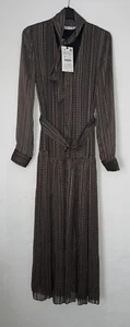 ZARA BLACK BROWN LONG FLOWING PRINTED DRESS WITH BELT PUSSY BOW SIZE XS - Picture 1 of 11