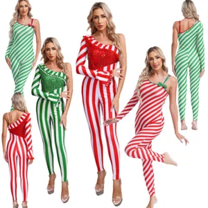 Women's Christmas Candy Cane Costume One Piece Striped Xmas Bodysuit Unitards - Picture 1 of 43