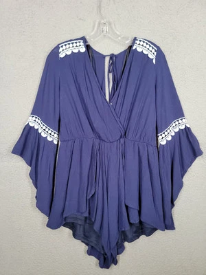 蓝色喇叭袖连身裤大号Agaci钩针编织饰边 — 第 1/4 张图片