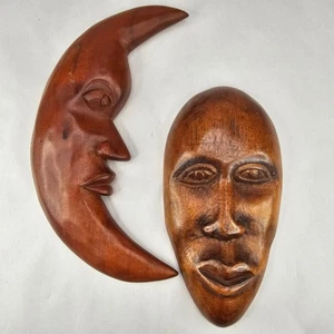 Vintage Holz geschnitzt Wanddeko Mond Gesichtsmaske hängend Kunst Set - Bild 1 von 11