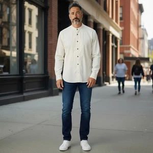 Camisa de abuelo con cuello mandarín banda de hierro marca vintage grande EE. UU. - Imagen 1 de 8