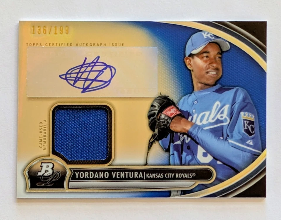 2013 年 Bowman Platinum Yordano Ventura 蓝色亮面卡签名/球衣 RC #d /199 — 第 1/1 张图片