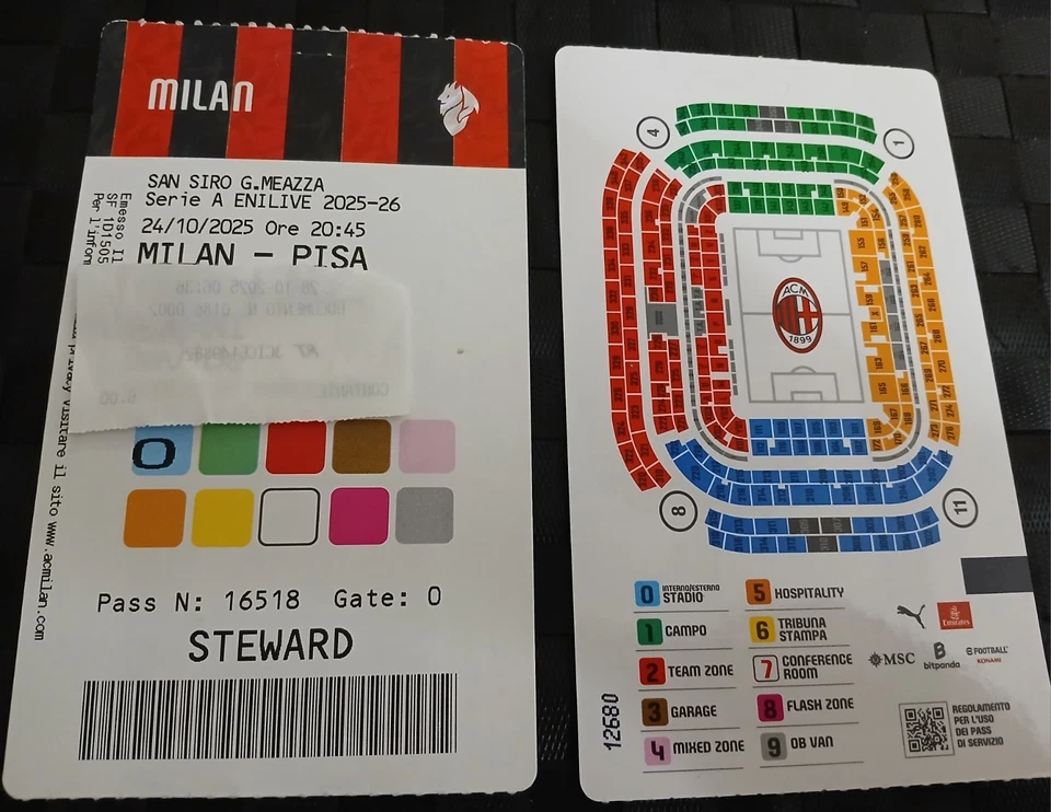 24/10/2025 Ottimo Raro Biglietto PASS Ticket -  MILAN vs PISA Serie A 2025 2026 - Immagine 1 di 1