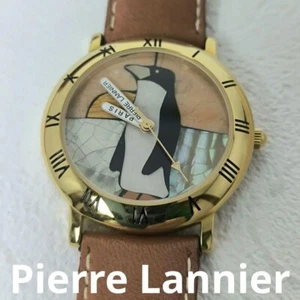 Pierre Lannier Gold Mosaic Watch Analog Penguin Sunset Battery Replaced Used - Picture 1 of 11