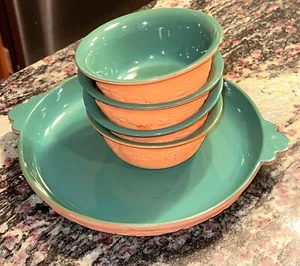 Vintage Ton und grüne Keramik Stapelschalen und großer Teller Ton glasiert 5 Stück - Bild 1 von 5
