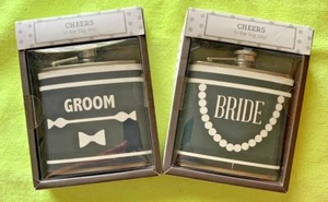 Bride & Groom Set of 2 His & Her Stainless Steel 6 oz Drink Flasks - Picture 1 of 4