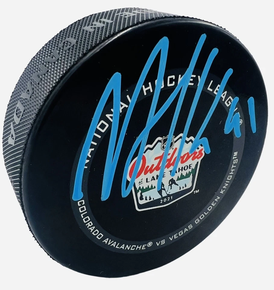 NAZEM KADRI FLAMES AVALANCHA FIRMADO DISCO LAGO TAHOE INVIERNO CLÁSICO CERTIFICADO DE AUTENTICIDAD BECKETT Foto 1 de 2