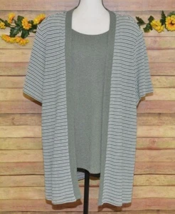 Studio C Women's Size 18W 20W Green Striped Cardigan Sweater Twin Set Sweater - Picture 1 of 12