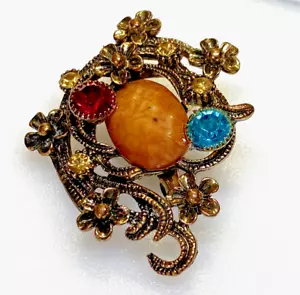 Vintage Brooch Gold Metal Crystals Stones Floral - Picture 1 of 10