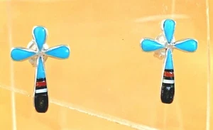 Orecchini Croce di KB Intarsiato Corallo Turchese MOP Jet Multi Sterling - Foto 1 di 5