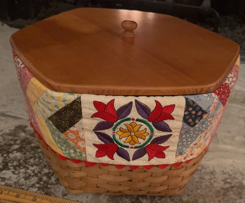 Custom Basket 13.5" x 8” w/lid, Hand Made Quilted Embroidered Liner!  Unique Cover