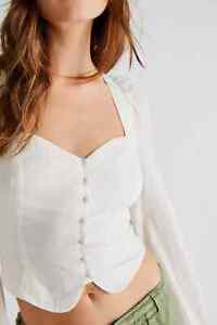 Free People Sorella Top White Button Long Sleeve Cropped Blouse Smocked New S