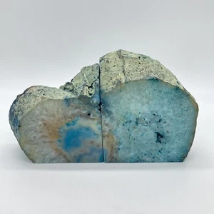 Teal Agate Geode Crystal Bookends Set of 2 Large Gemstone Pair 4.75 lb Turquoise - Picture 1 of 7