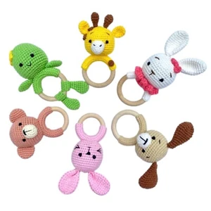 Crocheted Baby Rattle Toys, Handmade Crochet Animal Rattles with Wooden Teething - Picture 1 of 16