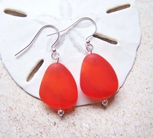 TANGERINE Swirl Cultured sea glass Handmade with silver drop earrings - Picture 1 of 3