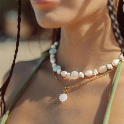 Damenkette Perlenkette Weiß 18K vergoldet Muschelkette Perlmutt Kette K6245D1 - Bild 1 von 4