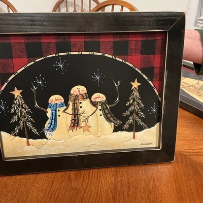 Primitive Snowman And Stars Wooden Plaque By Lisa Hilliker 11” By 14” - Image 1 of 4