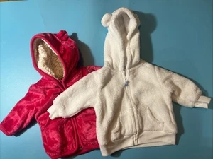Baby Girls Carters Fleece Jacket Size 0-3 Months Lot Of 2 Beige And Pink Hooded - Picture 1 of 9
