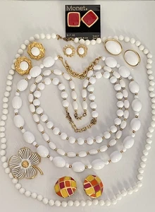 Vintage Monet White Bead Necklaces Pin Pierced Earrings Gold Tone & Enamel Lot - Picture 1 of 20
