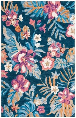 Designer Tropical Coastal Palm Hand Hooked Wool Blue Area Rug **FREE SHIPPING** - Image 1 of 4