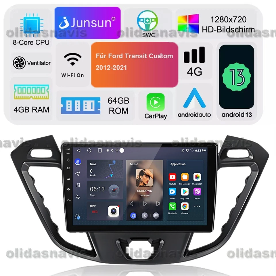 DAB+ Android 13 4+64GB Carplay Autoradio Für Ford Transit Custom 12-21 GPS NAVI - Bild 1 von 4