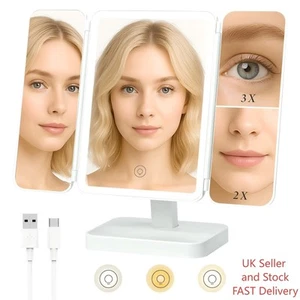 Vanity Mirror With Lights Tri-fold Table Magnifying Mirror Portable Rechargeable - Picture 1 of 6
