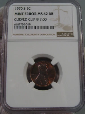 Mint ERROR: 1970-s Lincoln Penny NGC MS62RB Clip @ 7:00. #27 - Image 1 of 4