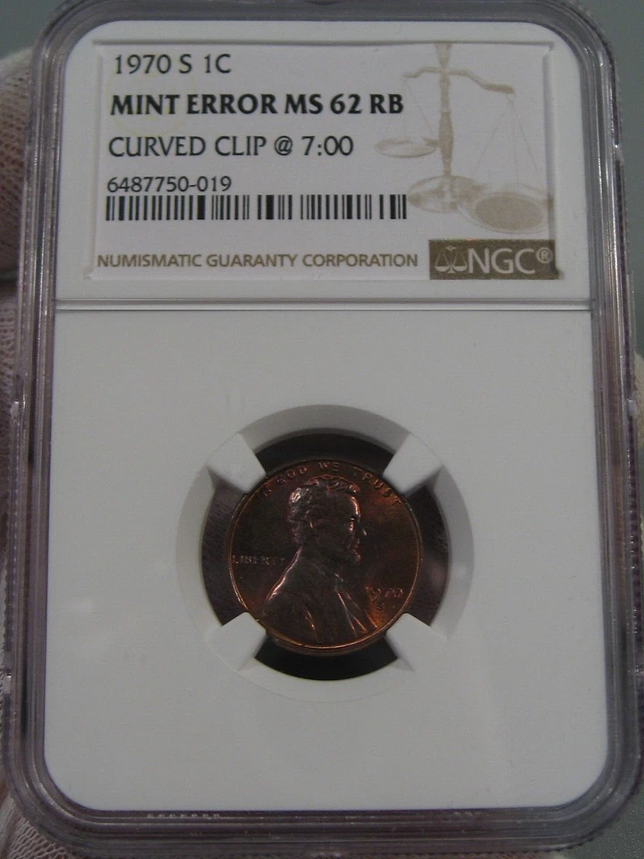 Mint ERROR: 1970-s Lincoln Penny NGC MS62RB Clip @ 7:00. #27 - Image 1 of 4