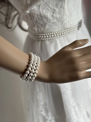 Layered pearl bracelet, 3 strand bridal bracelet made with 8mm Swarovski pearls - Image 1 of 4