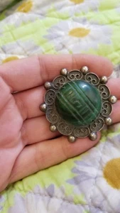 Vintage 925 Sterlingsilber echter Malachit runder Edelstein Anstecknadel Brosche 1 7/8".19,5 g - Bild 1 von 5